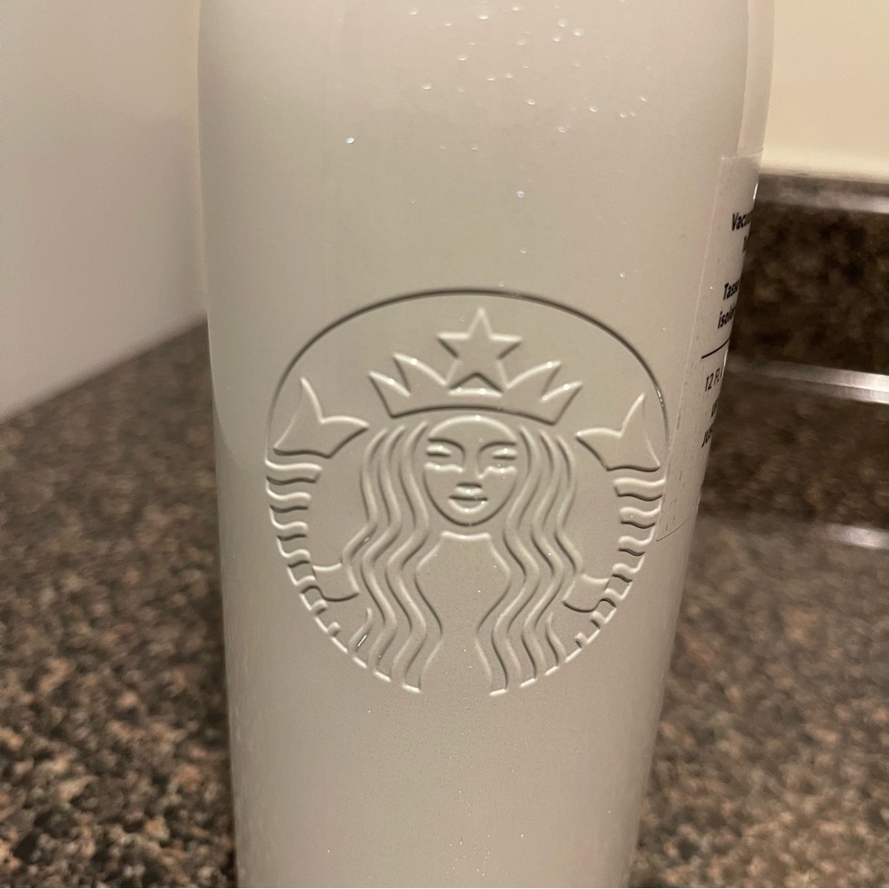 Starbucks White Embossed Siren Travel Tumbler shimmery of white 12oz NWT - Picture 6 of 6